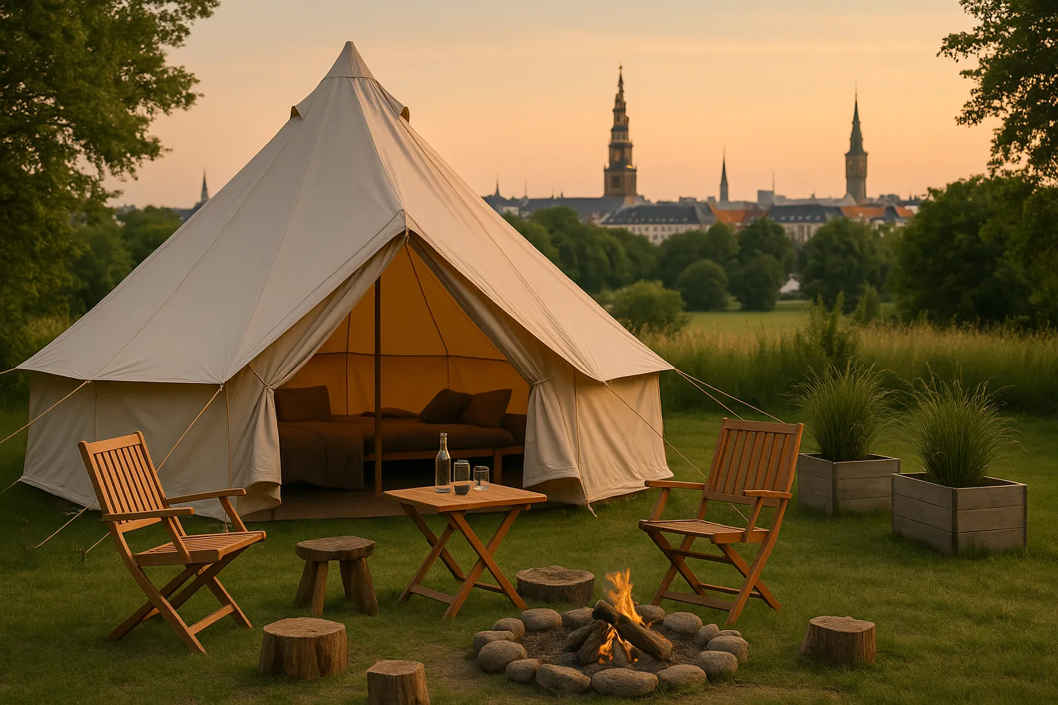 Glamping tæt på København – luksustelt i natur med byens skyline i baggrunden