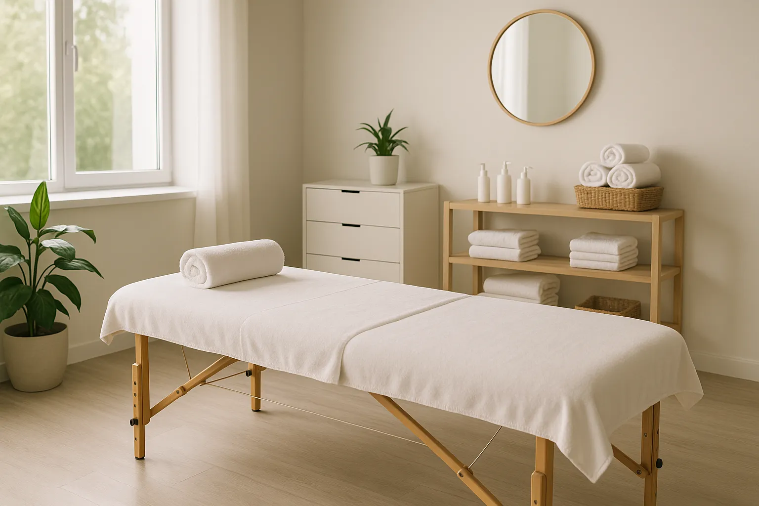 Massagebriks i lyst klinikmiljø i København, med planter og håndklæder – ideelt til sportsmassage